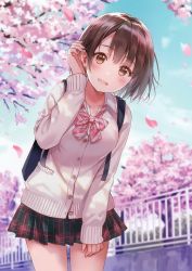Rule 34 | 1girl, absurdres, blouse, blurry, blush, breasts, brown eyes, brown hair, cherry blossoms, cowboy shot, day, depth of field, fence, fukahire (ruinon), hair between eyes, hair flip, highres, leaning forward, long sleeves, looking at viewer, medium breasts, multicolored clothes, multicolored skirt, neck ribbon, open mouth, original, outdoors, petals, plaid, plaid skirt, pleated skirt, ribbon, scan, school uniform, shirt, short hair, skirt, sky, sleeves past wrists, solo, sweater, white shirt