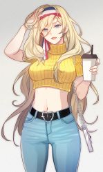 Rule 34 | 1girl, belt, black belt, blonde hair, blue eyes, blue pants, coffee cup, commentary, cowboy shot, cup, denim, disposable cup, grey background, hair between eyes, highres, holding, holding cup, jeans, kantai collection, kasumi (skchkko), long hair, mole, mole under eye, mole under mouth, navel, open mouth, pants, ribbed sweater, richelieu (kancolle), solo, sweater, very long hair, yellow sweater