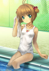 Rule 34 | 1990s (style), 1girl, blush, brown hair, cardcaptor sakura, chain-link fence, child, day, fence, flat chest, green eyes, hair bobbles, hair ornament, highres, kinomoto sakura, looking at viewer, mutsuki (moonknives), one-piece swimsuit, outdoors, pool, poolside, retro artstyle, school swimsuit, short hair, sitting, smile, soaking feet, solo, swimsuit, towel, water, wet, wet clothes, white one-piece swimsuit, white school swimsuit