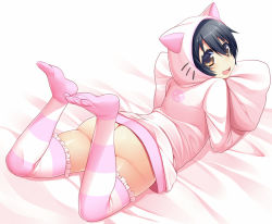 Rule 34 | 1boy, animal hood, ass, bed, black hair, blush, bottomless, brown eyes, convenient censoring, hood, hoodie, htkku, hugging object, looking at viewer, looking back, lying, male focus, on stomach, open mouth, pillow, pillow hug, sengoku musou, shiny skin, short hair, smile, solo, striped clothes, striped thighhighs, takenaka hanbei, thighhighs, trap