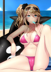 Rule 34 | 1girl, arm support, beach, bikini, blonde hair, blue eyes, breasts, cameltoe, cleavage, day, eyewear on head, food, hair ornament, kai (link2262), large breasts, leg up, legs, lips, long legs, looking at viewer, navel, ocean, orca, original, outdoors, parted lips, partially visible vulva, pink bikini, popsicle, side ponytail, sitting, solo, spread legs, sunglasses, swimsuit, thighs, underboob, water