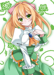 Rule 34 | blonde hair, bow, breasts, dress, floral background, flower, green dress, green eyes, green flower, hand up, hoshibana anima, impossible clothes, looking at viewer, medium breasts, original, pink bow, rose, smile, solo, standing