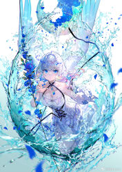 Rule 34 | 1girl, ahoge, angel, angel wings, aqua theme, artist name, bare arms, bare shoulders, barefoot, blue eyes, blue flower, blue nails, blue rose, breasts, chest harness, chinese commentary, choker, cleavage, commentary request, corset, cross-laced clothes, dress, flower, frilled dress, frills, fuzichoco, harness, hatching, highres, large breasts, long hair, looking at viewer, off-shoulder dress, off shoulder, original, petals, rose, sidelocks, solo, splashing, swept bangs, water, watermark, weibo logo, weibo watermark, white background, white corset, white dress, white flower, white hair, wings, wrist flower