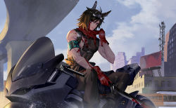 Rule 34 | 1boy, animal ears, arknights, armband, billboard, black pants, bleeding, blood, blood on face, brown hair, building, bus, courier (arknights), courier (elite ii) (arknights), deep wound, gloves, hand up, holding, holding weapon, injury, male focus, motor vehicle, motorcycle, outdoors, pants, red gloves, red scarf, ruoruoqiuu, scar, scarf, sitting, sleeveless, solo, weapon