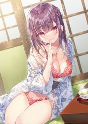 Rule 34 | 1girl, arm support, bare shoulders, blush, bra, braid, breasts, cleavage, collarbone, detexted, eyelashes, finger to mouth, fingernails, hair between eyes, hand up, highres, index finger raised, japanese clothes, kimono, lace, lace bra, lace panties, large breasts, long hair, long sleeves, looking at viewer, melonbooks, miwabe sakura, non-web source, off shoulder, open clothes, open kimono, original, panties, purple eyes, purple hair, red bra, red panties, shushing, side braid, sidelocks, sitting, sliding doors, solo, tatami, third-party edit, underwear, white kimono, yokozuwari