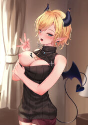 Rule 34 | 1girl, bat tattoo, black sweater, blonde hair, blush, breast tattoo, breasts, cleavage cutout, clothing cutout, demon girl, demon horns, demon tail, demon wings, earrings, heart, heart earrings, heart o-ring, highres, hololive, hoop earrings, horns, jewelry, large breasts, looking at viewer, mismatched earrings, nipples, one breast out, open mouth, pointy ears, ribbed sweater, roke (taikodon), sleeveless, sleeveless sweater, solo, sweater, tail, tattoo, turtleneck, turtleneck sweater, virtual youtuber, wings, yuzuki choco, yuzuki choco (streetwear)