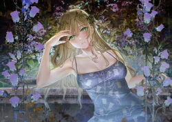 Rule 34 | 1girl, absurdres, armpits, blonde hair, blue dress, blush, breasts, commentary request, double-parted bangs, dress, dress ribbon, elbow rest, eyelashes, fingernails, floral print dress, flower, green eyes, hair between eyes, hand on own face, hand up, highres, kippu, large breasts, leaning to the side, long bangs, long hair, looking at viewer, nail polish, original, parted lips, plant, purple flower, purple nails, purple ribbon, ribbon, signature, sleeveless, sleeveless dress, solo, spaghetti strap, upper body, water drop