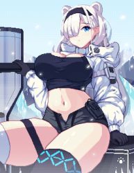 Rule 34 | 1girl, :o, animal ears, arknights, asymmetrical legwear, aurora (arknights), aurora (elite ii) (arknights), bear ears, black gloves, black hairband, black shirt, black shorts, black thighhighs, blue eyes, blush, breasts, cleavage, coat, commentary, cowboy shot, crop top, curvy, eyes visible through hair, gloves, hair over one eye, hairband, highres, hood, hood down, hooded coat, ice, large breasts, long hair, looking at viewer, mismatched legwear, navel, open fly, open mouth, panties, panty peek, piao mao, pixel art, shield, shirt, short shorts, shorts, sitting, snowing, solo, stomach, thick thighs, thighhighs, thighs, underwear, white coat, white hair, white panties, white thighhighs