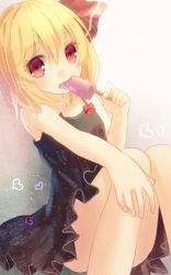 Rule 34 | 1girl, alternate costume, bad id, bad twitter id, black dress, blonde hair, bow, covering privates, dress, eating, food, hair ribbon, heart, ice cream, looking at viewer, nunucco, popsicle, red eyes, ribbon, rumia, short hair, sitting, sleeveless, slime, solo, touhou