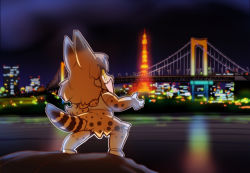 Rule 34 | 10s, 1girl, animal ears, blonde hair, bridge, building, cityscape, claws, commentary request, elbow gloves, gloves, glowing, glowing eyes, hisahiko, kemono friends, night, open mouth, outstretched arms, serval (kemono friends), serval print, serval tail, shirt, short hair, skirt, sleeveless, sleeveless shirt, solo, spread arms, standing, suspension bridge, tail, thighhighs, tokyo (city), tokyo tower, yellow eyes