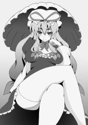 Rule 34 | 1girl, artist request, breasts, breasts apart, crossed legs, dress, female focus, gradient background, greyscale, hat, long hair, mob cap, monochrome, sitting, solo, thick thighs, thighhighs, thighs, toudori, touhou, umbrella, very long hair, yakumo yukari