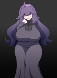 Rule 34 | 1girl, @ @, ahoge, breasts, creatures (company), curvy, dress, game freak, gradient background, hairband, hex maniac (pokemon), huge breasts, long dress, long hair, looking at viewer, magure senshi, nintendo, open mouth, pokemon, pokemon xy, purple eyes, purple hair, simple background, smile, solo, turtleneck