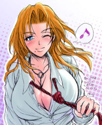 Rule 34 | 00s, 1girl, ;), between breasts, bleach, blue eyes, blush, breasts, chain, cleavage, closed mouth, collared shirt, dress shirt, halftone, halftone background, huge breasts, jewelry, light smile, lips, long hair, long sleeves, looking at viewer, loose necktie, matsumoto rangiku, mole, mole under mouth, musical note, necklace, necktie, one eye closed, orange hair, outline, school uniform, serafuku, shirt, sketch, smile, solo, speech bubble, spoken musical note, striped, upper body, white shirt, wink, youshuu