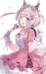 Rule 34 | 1girl, ;d, absurdres, alternate costume, animal ears, blush, bow, commentary, curren chan (umamusume), dress, ear bow, ear covers, gloves, grey hair, highres, horse ears, horse girl, looking at viewer, one eye closed, open mouth, pink bow, pink dress, purple eyes, satou shio@co, short hair, smile, solo, twitter username, umamusume, white gloves, white headdress