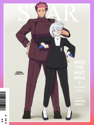 Rule 34 | 1boy, 1girl, ahoge, blue eyes, bracelet, brown hair, cheek pinching, cover, earrings, elbowing, fake magazine cover, formal, grey eyes, grey hair, grin, guel jeturk, gundam, gundam suisei no majo, gyoubu ippei, height difference, high heels, highres, jewelry, looking at viewer, magazine cover, miorine rembran, multicolored hair, official art, pinching, pink hair, smile, two-tone hair
