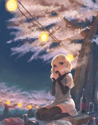 Rule 34 | 1girl, blonde hair, blue eyes, cherry blossoms, drinking, lowres, night, original, short hair, sitting, solo, thighhighs, weno, weno&#039;s blonde original character