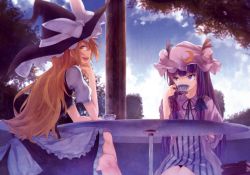 Rule 34 | 2girls, apron, black dress, blonde hair, blue sky, bow, capelet, chair, cloud, coat, crescent, cup, dress, drinking, hair ribbon, hat, hat bow, ibuki notsu, kirisame marisa, long hair, long sleeves, looking at viewer, looking back, mob cap, multiple girls, open clothes, open coat, open mouth, patchouli knowledge, puffy short sleeves, puffy sleeves, purple dress, purple eyes, purple hair, ribbon, short sleeves, sitting, sky, smile, striped clothes, striped dress, table, teacup, touhou, tress ribbon, very long hair, waist apron, wide sleeves, witch hat, yellow eyes