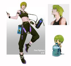 Rule 34 | 1girl, absurdres, alternate costume, anklet, armband, baggy pants, belt pouch, blush, bottle, buckle, carabiner, character name, chibi, chinese commentary, commentary request, cross scar, drawstring, drinking, drinking straw, earphones, earphones removed, foo fighters (jojo), full body, green eyes, green footwear, green hair, green lips, green pants, highres, holding, holding bottle, id card, jewelry, jojo no kimyou na bouken, lanyard, leg up, looking to the side, midriff, multiple views, navel, pants, portrait, pouch, refraction, scar, shadow, short hair, sideways glance, sleeveless, snap-fit buckle, sports bra, standing, stomach, stone ocean, strap, sweat, toned, water, water bottle, wet, wet hair, wireless earphones, wristband, xubeichaoyansuan