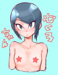 Rule 34 | 1girl, bare shoulders, blue background, blue eyes, blue hair, blush, breasts, closed mouth, collarbone, danganronpa: trigger happy havoc, danganronpa (series), ears, eyebrows, eyelashes, female focus, freckles, hiraga na, ikusaba mukuro, looking at viewer, nude, pasties, portrait, raised eyebrows, short hair, simple background, small breasts, solo, topless, upper body