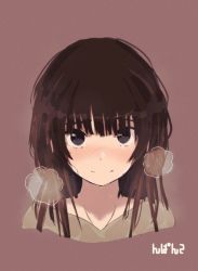 Rule 34 | amagami, artist name, black eyes, blouse, blunt bangs, blush, breath, brown background, brown hair, closed mouth, commentary, cropped torso, hair over shoulder, hair strand, highres, kamizaki risa, light smile, long hair, looking at viewer, messy hair, nose blush, raised eyebrows, shirt, signature, smile, sweat, nervous sweating, tenpanco, translated, upturned eyes, wet, wet clothes, wet shirt, yellow shirt
