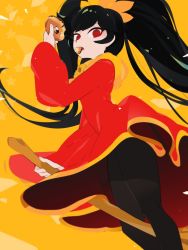 Rule 34 | 1girl, ashley (warioware), black hair, black pantyhose, broom, broom riding, commentary, doughnut, dress, eating, feet out of frame, food, food in mouth, from below, hairband, highres, holding, holding food, idkuroi, long hair, long sleeves, looking at viewer, nintendo, orange hairband, pantyhose, red dress, red eyes, solo, thighs, twintails, very long hair, warioware, yellow background