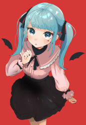 Rule 34 | 1girl, absurdres, bandage on neck, bat wings, blue eyes, blue hair, blush, center frills, facial mark, frilled shirt collar, frills, from above, hair ornament, hair ribbon, hairclip, hand up, hatsune miku, heart, heart facial mark, heart hair ornament, highres, jewelry, long hair, long sleeves, looking at viewer, mini wings, nail polish, neck ribbon, open mouth, red background, ribbon, ring, shirt tucked in, skirt, solo, sorami, twintails, vampire (vocaloid), vocaloid, wings