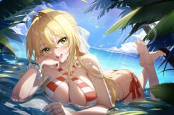 Rule 34 | 1girl, absurdres, ahoge, ass, bare shoulders, barefoot, beach, bead bracelet, beads, bikini, blonde hair, blue sky, blush, bracelet, braid, breasts, butt crack, cleavage, collarbone, criss-cross halter, fate/grand order, fate (series), french braid, green eyes, hair bun, hair intakes, hair ribbon, halterneck, highres, jewelry, large breasts, leaf, long hair, looking at viewer, lying, nero claudius (fate), nero claudius (fate) (all), nero claudius (swimsuit caster) (fate), on stomach, open mouth, red bikini, ribbon, shenqi xiao hong zai nali, shore, sky, smile, solo, striped bikini, striped clothes, swimsuit, the pose, wet, white ribbon
