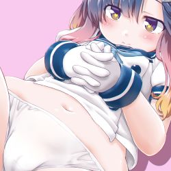 Rule 34 | 1girl, blush, cameltoe, closed mouth, commentary request, dd (ijigendd), gloves, gradient hair, hair ornament, interlocked fingers, kantai collection, long hair, multicolored hair, navel, neckerchief, no pants, own hands together, panties, pink background, puffy short sleeves, puffy sleeves, purple eyes, purple hair, school uniform, serafuku, short sleeves, sidelocks, simple background, tsushima (kancolle), underwear, white gloves, white panties