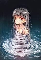 Rule 34 | 1girl, amputee, bare shoulders, broiler, double amputee, dress, expressionless, flat chest, grey dress, grey hair, highres, long hair, looking at viewer, original, parted lips, red eyes, sketch, solo, water
