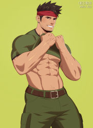 Rule 34 | 1boy, abs, absurdres, artist name, bara, belt, biggs (ff7), brown eyes, brown hair, clothes lift, crestren, dated, ear piercing, facial hair, final fantasy, final fantasy vii, green background, green pants, headband, highres, male focus, muscular, navel, pants, piercing, red headband, shirt lift, simple background, smile, solo, spiked hair, standing, stubble, undressing