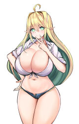Rule 34 | 1girl, ahoge, blonde hair, breasts, choker, cleavage, closed mouth, collarbone, colored inner hair, commentary request, cowboy shot, curvy, denim, denim shorts, elf, elven forest maker, green eyes, green hair, hair between eyes, hand on own hip, highres, huge breasts, last origin, looking at viewer, multicolored hair, navel, pointy ears, sayashi (type5 labyrith), shirt, short shorts, shorts, sleeves rolled up, smile, solo, standing, thighs, tied shirt, two-tone hair, v, white choker, white shirt