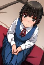 Rule 34 | 1girl, :o, absurdres, black hair, blue dress, blush, brown eyes, collared shirt, dress, from above, highres, long sleeves, looking at viewer, looking up, matsunaga kouyou, neck ribbon, nose blush, original, own hands together, parted lips, pinafore dress, pleated dress, red ribbon, ribbon, school uniform, shirt, sitting, sleeveless, sleeveless dress, solo, white shirt