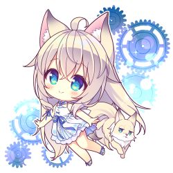Rule 34 | 1girl, ahoge, animal, animal ear fluff, animal ears, bare arms, bare shoulders, blonde hair, blue eyes, blush, chibi, closed mouth, commentary request, copyright request, dress, fox, full body, gears, hair between eyes, long hair, pleated dress, ryuuka sane, shoes, sleeveless, sleeveless dress, smile, solo, tail, very long hair, white background, white dress, white footwear