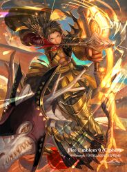 1boy aiming armor arrow_(projectile) artist_name bow_(weapon) claude_von_riegan commentary_request company_name copyright_name dark-skinned_male dark_skin dragon egawa_akira failnaught_(fire_emblem) fire_emblem fire_emblem:_three_houses fire_emblem_cipher gloves green_eyes holding holding_arrow holding_bow_(weapon) holding_weapon horseback_riding male_focus nintendo official_art quiver riding solo weapon wyvern