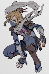 Rule 34 | 1boy, armor, bandaged arm, bandages, belt, blonde hair, blue eyes, commentary, earrings, fingerless gloves, floating scarf, full body, gloves, hair ornament, highres, jewelry, link, long hair, looking at viewer, male focus, mask, mouth mask, nintendo, oimo (oimkimn), pointy ears, revision, scarf, sidelocks, simple background, sitting, solo, stealth set (zelda), symbol-only commentary, the legend of zelda, the legend of zelda: breath of the wild, white background