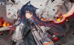 Rule 34 | 1girl, animal ears, arknights, blue hair, gloves, highres, holding, holding weapon, jacket, jewelry, looking at viewer, necklace, official alternate costume, orange eyes, red gloves, shirt, solo, spacelongcat, sword, texas (arknights), texas (winter messenger) (arknights), weapon, wolf ears, wolf girl