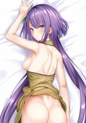 Rule 34 | 1girl, amisu, arm up, ass, back, bed sheet, blush, breasts, dress, from behind, long hair, looking at viewer, lying, nipples, no bra, no panties, on stomach, purple eyes, purple hair, small breasts, solo, touhou, tsukumo benben, yellow dress