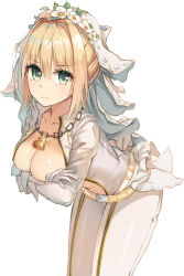 Rule 34 | 10s, 1girl, :|, belt, bent over, blonde hair, breasts, chain, cleavage, closed mouth, collarbone, covering privates, covering breasts, expressionless, eyebrows, fate/extra, fate/extra ccc, fate (series), flower wreath, glint, green eyes, hair between eyes, hair intakes, head wreath, highres, jewelry, lock, long sleeves, looking at viewer, medium breasts, navel, necklace, nero claudius (bride) (fate), nero claudius (fate), nero claudius (fate) (all), no bra, open clothes, revision, rikoma, short hair, simple background, solo, stomach, tsurime, underwear, veil, white background