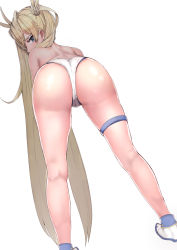 Rule 34 | 1girl, ass, back, blonde hair, blue eyes, blush, boots, bradamante (fate), braid, cameltoe, fate/grand order, fate (series), from behind, highres, huge ass, leaning, leaning forward, long hair, looking at viewer, looking back, panties, shiny skin, sikijou77o, solo, topless, twintails, underwear, very long hair