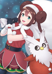 Rule 34 | 1girl, :d, absurdres, artist name, belt, black eyes, black gloves, black pantyhose, blue background, blue eyes, brown hair, capelet, carrying over shoulder, commentary request, cowboy shot, creatures (company), dated, delibird, double bun, dress, fur-trimmed capelet, fur-trimmed gloves, fur trim, game freak, gen 2 pokemon, gloves, hair between eyes, hair bun, hat, highres, holding, holding sack, light particles, long hair, looking at another, looking at viewer, nintendo, official alternate costume, open mouth, pantyhose, pokemon, pokemon (creature), pokemon masters ex, red capelet, red dress, rosa (holiday 2019) (pokemon), rosa (pokemon), sack, santa hat, sidelocks, sleeveless, sleeveless dress, smile, solo focus, thighband pantyhose, tinpam, twintails, very long hair