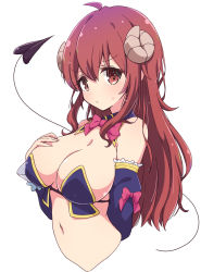 Rule 34 | 1girl, ahoge, blush, bow, bowtie, breasts, cleavage, cropped torso, curled horns, demon girl, demon horns, demon tail, detached collar, detached sleeves, hand on own chest, highres, horns, large breasts, long hair, machikado mazoku, mel (melty pot), navel, pink bow, red eyes, red hair, simple background, solo, tail, upper body, yoshida yuuko (machikado mazoku)