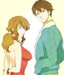 Rule 34 | 1boy, 1girl, 67k, back cutout, backless outfit, bad id, bad pixiv id, bare arms, bare shoulders, blurry, breasts, brown hair, christina sierra, clothing cutout, curly hair, depth of field, from behind, green eyes, gundam, gundam 00, halterneck, hands in pockets, jacket, large breasts, lichtendahl tsery, long hair, looking back, ponytail, short hair, sideboob, sleeveless, smile, turtleneck