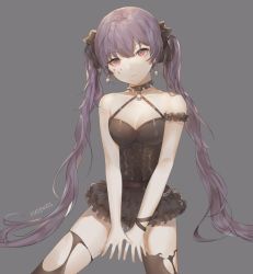 Rule 34 | armband, bare shoulders, black bow, black choker, black corset, black thighhighs, bow, breasts, chain, choker, corset, cowboy shot, earrings, facial tattoo, frilled armband, frilled skirt, frills, frown, grey background, hair between eyes, hair bow, hayenzis (haenjisu), jewelry, long hair, looking at viewer, miniskirt, navel, original, purple hair, red eyes, signature, simple background, skirt, skull, small breasts, spiked choker, spikes, standing, tattoo, thighhighs, thighs, torn clothes, torn legwear, twintails, v arms, very long hair, wrist straps