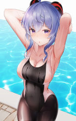 Rule 34 | 1girl, :o, ahoge, armpits, arms up, bad id, bad twitter id, bare arms, bare shoulders, black one-piece swimsuit, black pantyhose, blue hair, blush, breasts, cleavage, collarbone, competition swimsuit, covered navel, cowboy shot, crossed bangs, ganyu (genshin impact), genshin impact, goat horns, highres, horns, large breasts, looking at viewer, one-piece swimsuit, outdoors, pantyhose, pantyhose under swimsuit, parted lips, pool, purple eyes, shirosaba, solo, swimsuit, wet