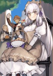Rule 34 | 1boy, 2girls, apron, basket, blonde hair, brown apron, brown suit, cake, chair, closed eyes, closed mouth, commentary, cookie, dress, eating, ferdinand von aegir, ferdinand von aegir (tea party), fire emblem, fire emblem: three houses, fire emblem heroes, food, food in mouth, food on face, formal, highres, holding, holding food, holding teapot, holding tray, juliet sleeves, long hair, long sleeves, looking at viewer, lysithea von ordelia, lysithea von ordelia (tea party), maid headdress, mercedes von martritz, mercedes von martritz (tea party), multiple girls, nintendo, official alternate costume, orange hair, outdoors, pink eyes, puffy sleeves, seinikuten, short hair, sitting, smile, suit, teapot, tray, twitter username, very long hair, waist apron, white hair