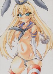 Rule 34 | 10s, 1girl, alternate eye color, anchor hair ornament, aqua eyes, black panties, blonde hair, blush, breasts, elbow gloves, gloves, hair ornament, hairband, highleg, highleg panties, kantai collection, long hair, looking at viewer, marker (medium), millipen (medium), nipples, panties, panty pull, pussy, shimakaze (kancolle), simple background, slit pupils, small breasts, solo, striped clothes, striped thighhighs, thighhighs, topless, traditional media, uncensored, underwear, underwear only, uneven eyes, white background, white gloves, yutakasan-love