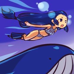 Rule 34 | 00s, 1girl, :o, bare shoulders, blue eyes, blue hair, blush stickers, creatures (company), flippers, freediving, game freak, gen 3 pokemon, hitec, long hair, moemon, navel, nintendo, open mouth, personification, pokemon, pokemon (creature), pokemon rse, swimming, swimsuit, underwater, very long hair, wailord