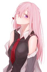 Rule 34 | 1girl, alternate hair length, alternate hairstyle, bare shoulders, black dress, breasts, collared dress, commentary, dress, eyes visible through hair, fate/grand order, fate (series), grey jacket, hair between eyes, hair over one eye, heart, highres, jacket, light purple hair, lips, long hair, mash kyrielight, medium breasts, necktie, off shoulder, open clothes, open jacket, parted lips, purple eyes, red necktie, simple background, sleeveless, sleeveless dress, solo, symbol-only commentary, upper body, very long hair, viewran, white background, wing collar