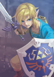 Rule 34 | 1boy, banana11523, blonde hair, blue eyes, boots, clenched teeth, holding, holding shield, holding sword, holding weapon, hylian shield, link, looking away, male focus, master sword, medium hair, nintendo, pointy ears, sheath, shield, solo, sword, teeth, the legend of zelda, the legend of zelda: breath of the wild, weapon