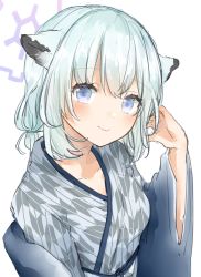 Rule 34 | 1girl, animal ears, blue archive, closed mouth, collarbone, grey kimono, halo, hand up, highres, japanese clothes, kimono, light blush, light green hair, looking at viewer, official alternate costume, purple eyes, shigure (blue archive), shigure (hot spring) (blue archive), short hair, simple background, sketch, smile, solo, torityan 1123, upper body, weasel ears, white background, wide sleeves, yukata
